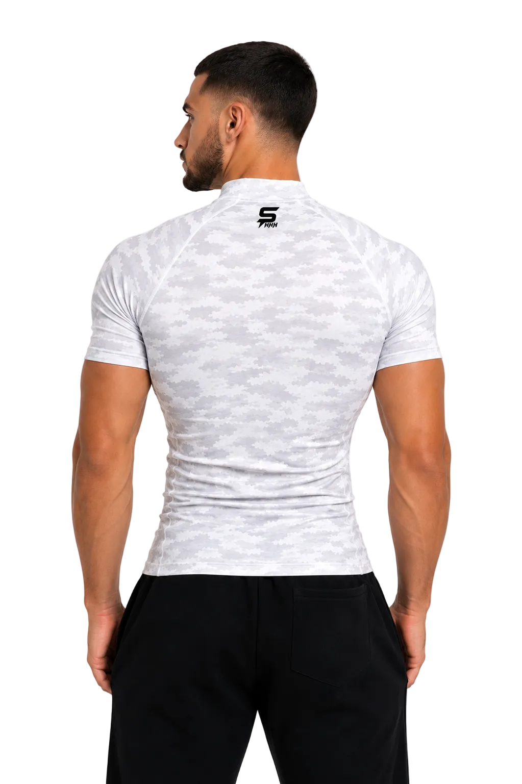 White Camouflage $HHH® Mock Neck Short Sleeve Compression Shirt