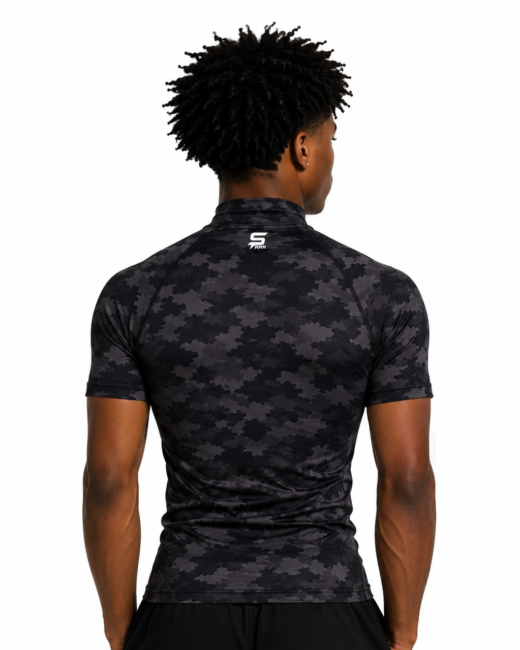 Black Camouflage $HHH® Mock Neck Short Sleeve Compression Shirt