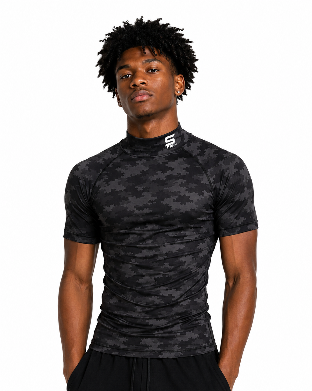 Black Camouflage $HHH® Mock Neck Short Sleeve Compression Shirt