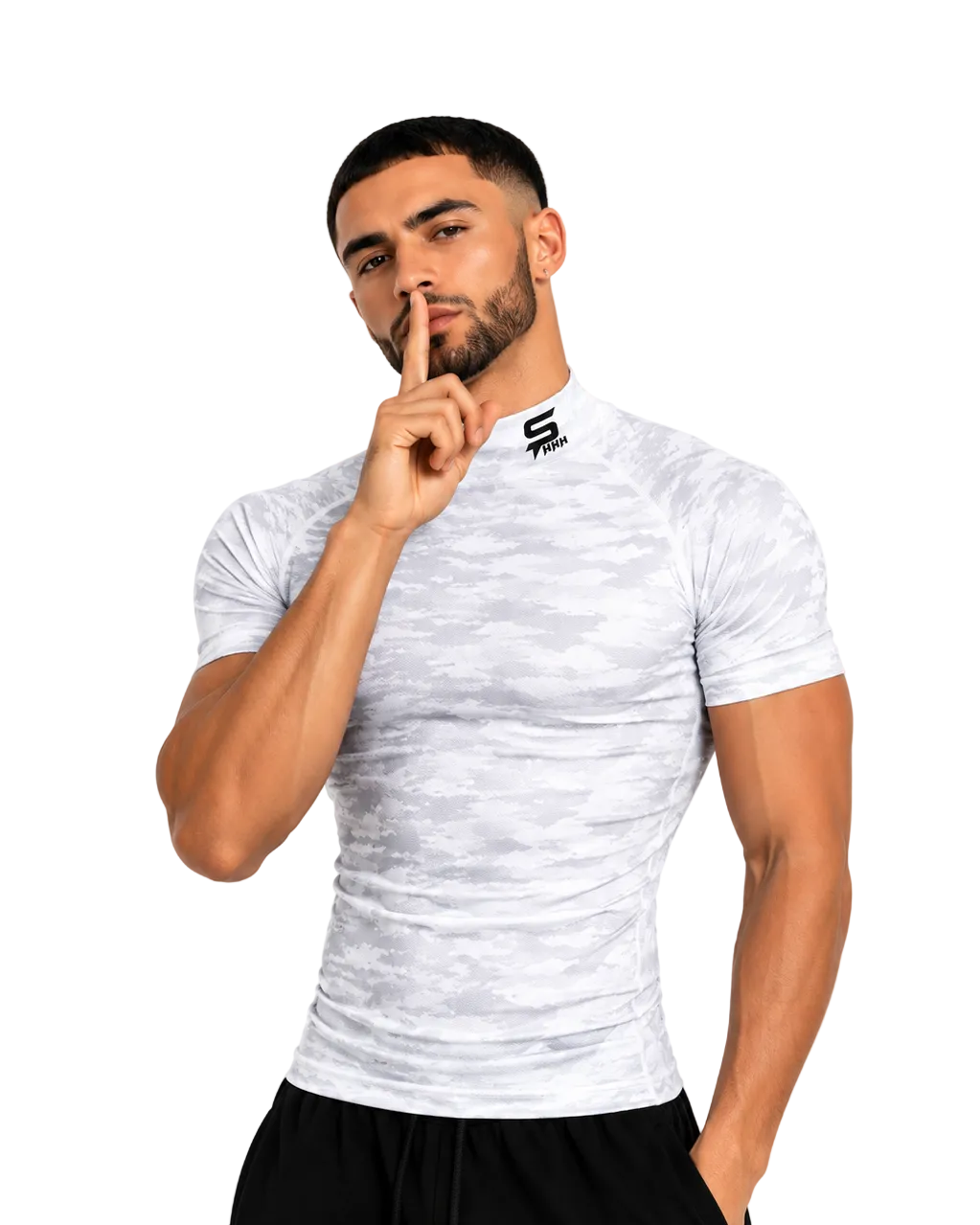 White Camouflage $HHH® Mock Neck Short Sleeve Compression Shirt